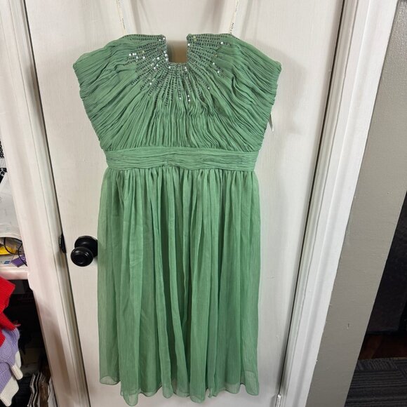 Halston Heritage Strapless Pleated Chiffon Dress Green Meadow | Size 8 | Sequin - Picture 2 of 11